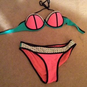 Tinibikini Multicolor Turquoise/Peach Mesh Black Trim Two-Piece Swimsuit Size L